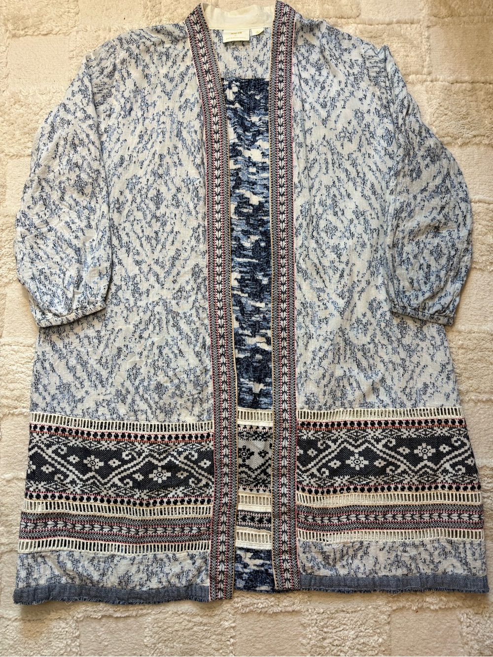 Anthropologie Blue White Patterned Open-Front Duster Cardigan 100% Cotton M/L